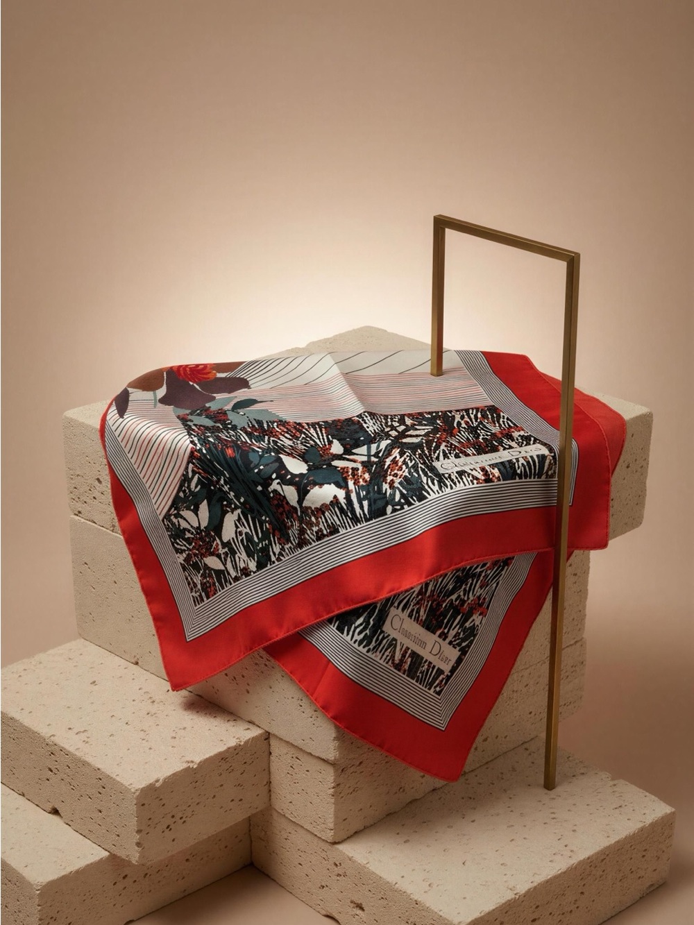 Dior Floral Print Silk Scarf in Red, Black, White, Green